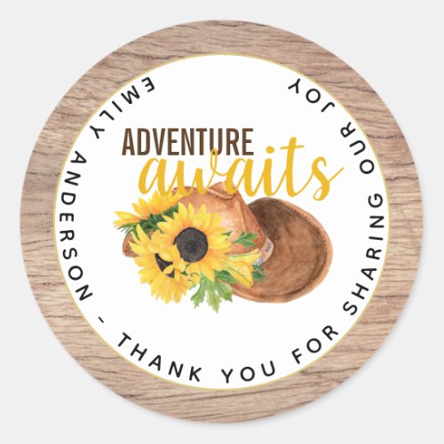 Adventure Awaits Rustic Sunflowers Baby Shower Classic Round Sticker