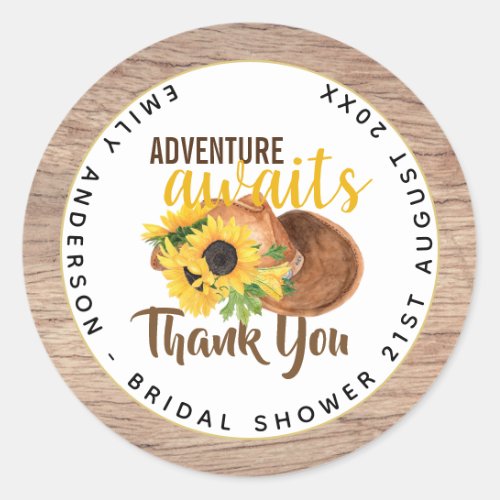 Adventure Awaits Rustic Sunflowers Bridal Shower Classic Round Sticker