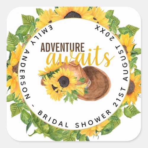 Adventure Awaits Rustic Sunflowers Bridal Shower Square Sticker