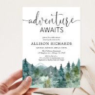 Adventure awaits rustic woodland baby shower invitation