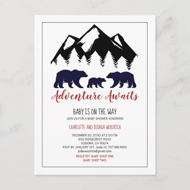 Adventure Awaits Rustic Woodland Bear Baby Shower Postcard (Front)