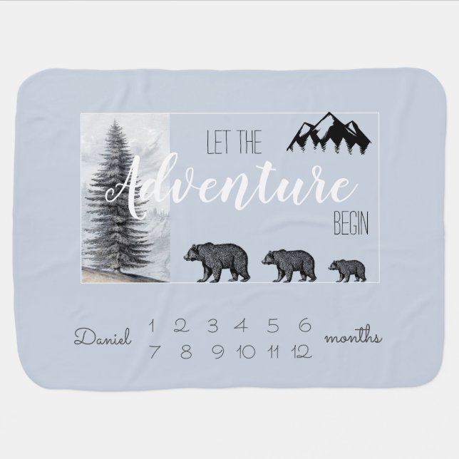 Adventure Awaits Rustic Woodland Bear Milestones   Baby Blanket (Horizontal)