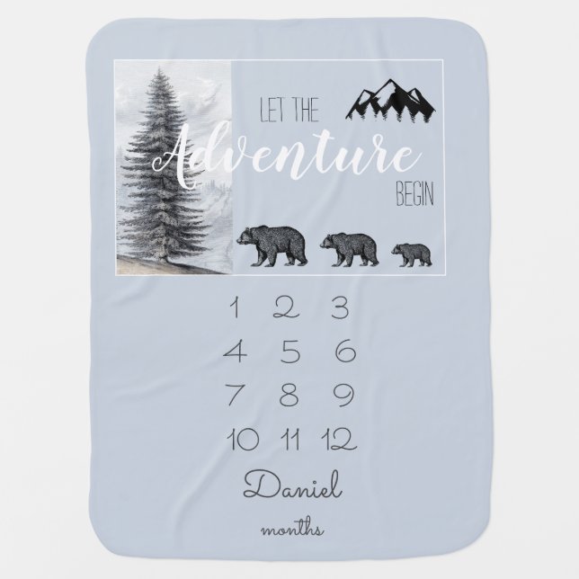Adventure Awaits Rustic Woodland Bear Milestones  Baby Blanket (Front)