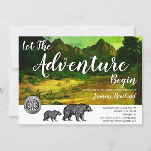 Adventure Awaits Rustic Woodland Bears Baby Shower Invitation