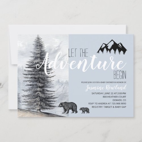 Adventure Awaits Rustic Woodland Bears Baby Shower Invitation