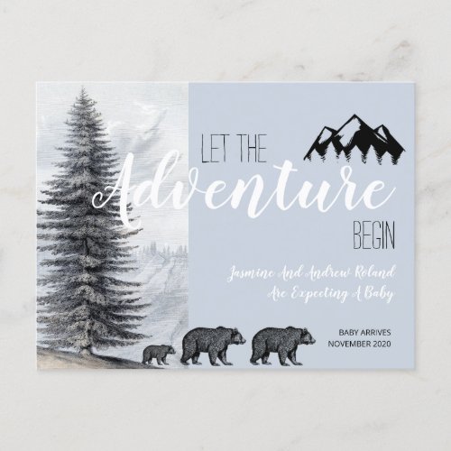 Adventure Awaits Rustic Woodland Bears Pregnancy Announcement Postcard