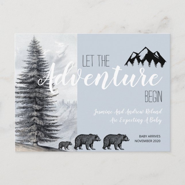 Adventure Awaits Rustic Woodland Bears Pregnancy Announcement Postcard (Front)