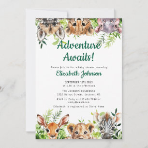 Adventure Awaits Safari Animals Baby Shower Invitation