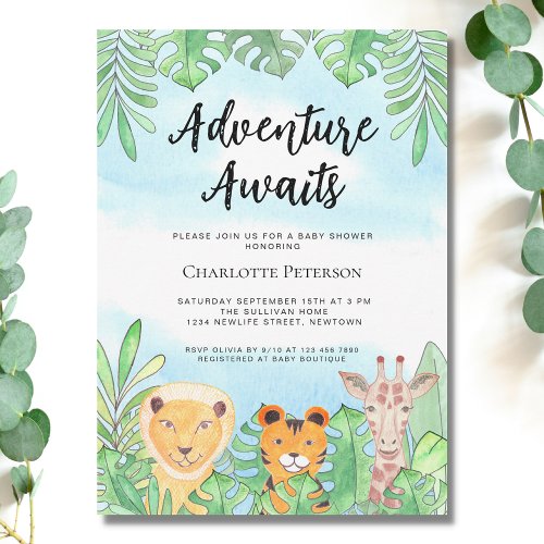 Adventure Awaits Safari Animals Baby Shower Invitation