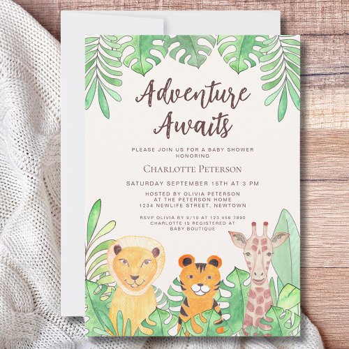 Adventure Awaits Safari Animals Baby Shower Invitation