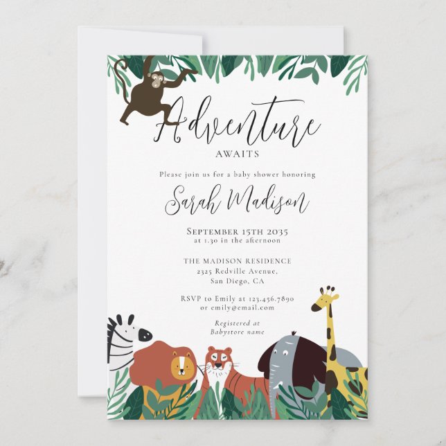 Adventure Awaits Safari Animals Baby Shower Invitation (Front)