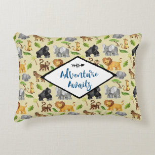 Adventure Awaits Safari Jungle Animals Pattern Accent Pillow