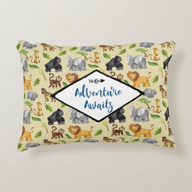 Adventure Awaits Safari Jungle Animals Pattern Accent Pillow (Front)