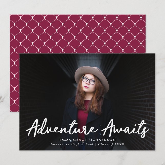 Adventure Awaits Script Burgundy Photo Graduation Announcement (Front/Back)