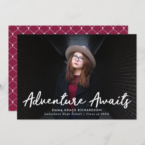 Adventure Awaits Script Burgundy Photo Graduation Announcement