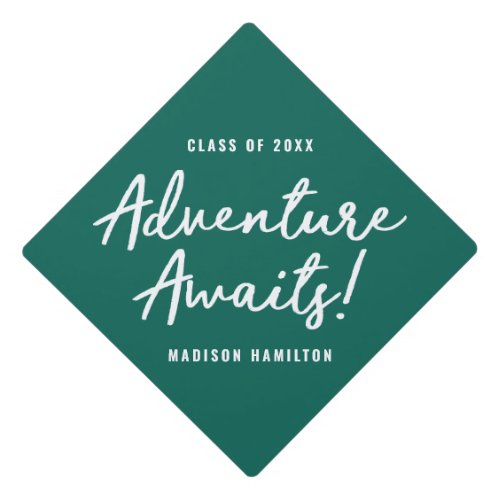 Adventure Awaits Script Green Personalized Graduation Cap Topper