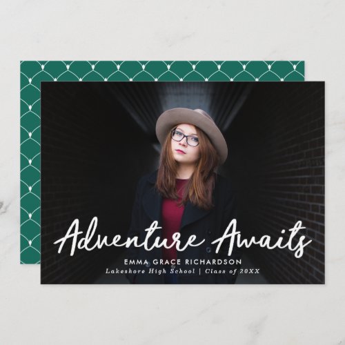 Adventure Awaits Script Green Photo Graduation Announcement