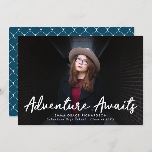 Adventure Awaits Script Navy Blue Photo Graduation Announcement