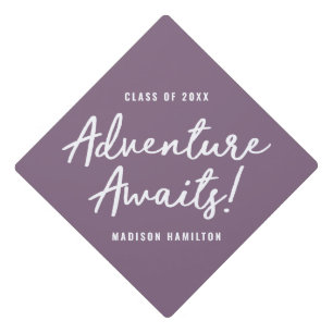 Adventure Awaits Script Purple Personalized Graduation Cap Topper