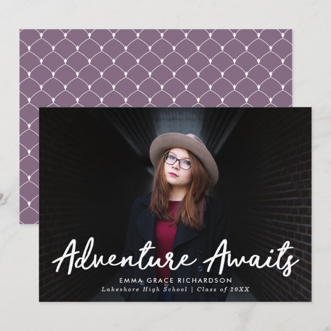 Adventure Awaits Script Purple Photo Graduation Announcement (Front/Back)