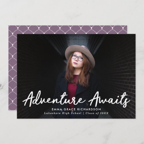 Adventure Awaits Script Purple Photo Graduation Announcement