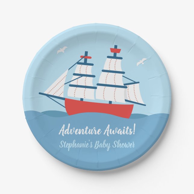 Adventure Awaits Ship Nautical Baby Shower Plates (Front)