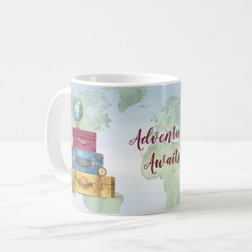 Adventure Awaits Stacked Suitcases World Travel Coffee Mug