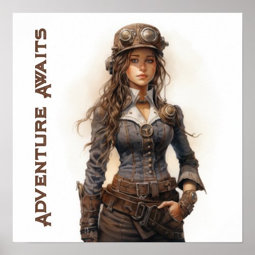 Adventure Awaits Steampunk Young Woman Poster