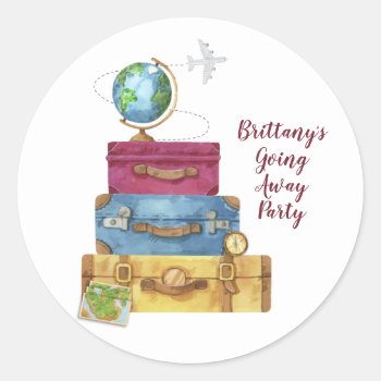 Adventure Awaits Suitcases Going Away Farewell Classic Round Sticker by starstreamdesign at Zazzle