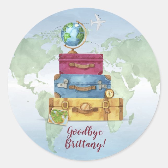 Adventure Awaits Suitcases Going Away Farewell Classic Round Sticker (Front)