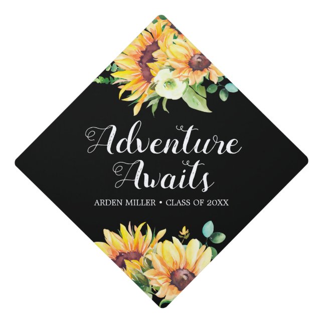 Adventure Awaits Sunflower Graduation Cap Topper (Front)