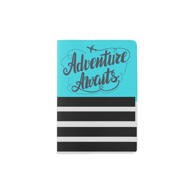 Adventure Awaits Teal & Striped Passport Holder (Front)