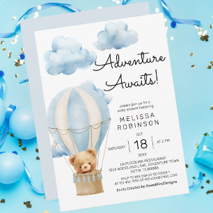 Adventure awaits teddy bear baby boy shower invitation