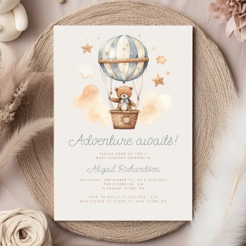 Adventure Awaits Teddy Bear Boy Baby Shower Invitation