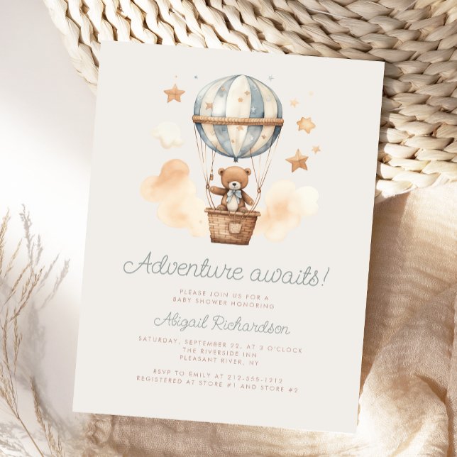 Adventure Awaits Teddy Bear Boy Baby Shower Postcard (Creator Uploaded)