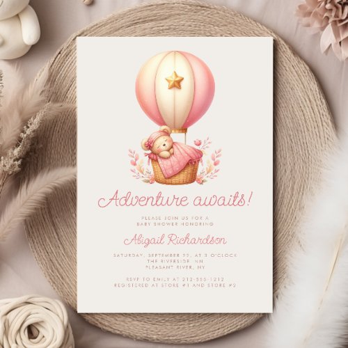 Adventure Awaits Teddy Bear Girl Baby Shower Invitation