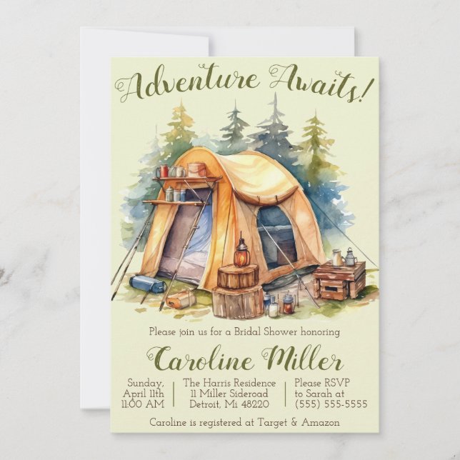 Adventure Awaits! Tent, Camping, Bridal Shower Invitation (Front)