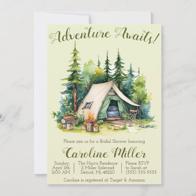 Adventure Awaits! Tent, Camping, Bridal Shower Invitation (Front)