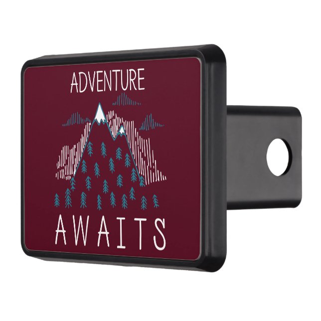 Adventure Awaits text with Snow-Covered Mountain Hitch Cover (Left)