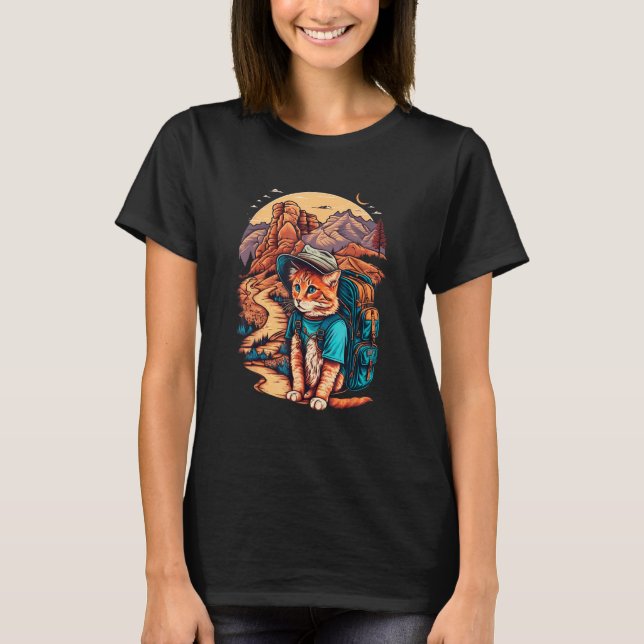 Adventure Awaits Tourist Cat on Mountain Views Des T-Shirt (Front)