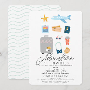Adventure Awaits Travel Abroad Airplane Graduation Invitation