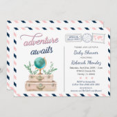 Adventure Awaits Travel Baby Shower Navy Pink Invitation (Front/Back)