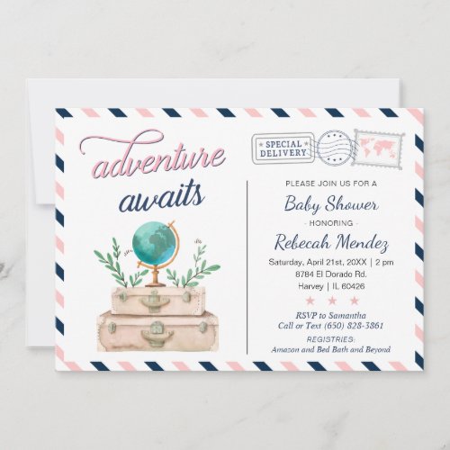 Adventure Awaits Travel Baby Shower Navy Pink Invitation