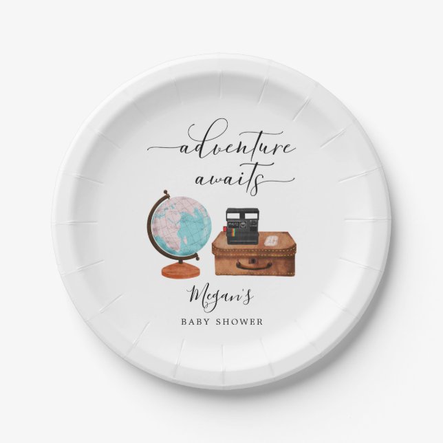Adventure Awaits Travel Baby Shower Paper Plates (Front)