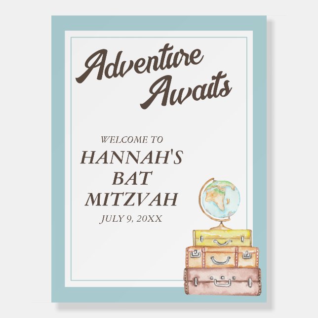 Adventure Awaits Travel Bat Mitzvah Welcome Sign (Front)