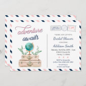 Adventure Awaits Travel Briadl Shower Navy Pink Invitation (Front/Back)