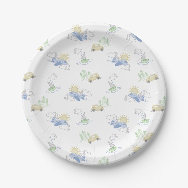 Adventure Awaits Travel Car Plane Boat Paper Plates (Front)