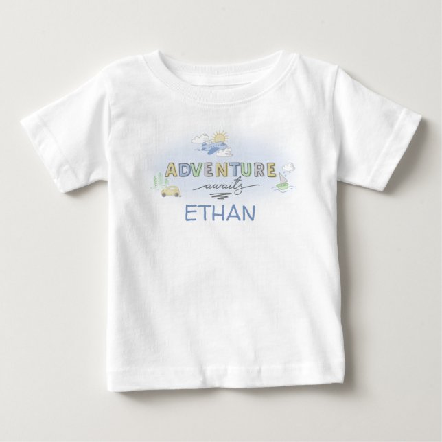 Adventure Awaits Travel Car Plane Boat Personalize Baby T-Shirt (Front)