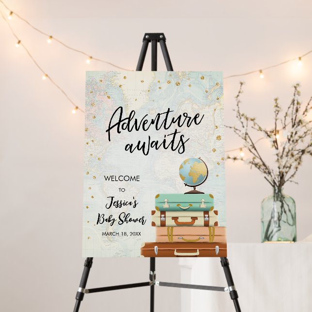 Adventure Awaits Travel Gold Confetti Baby Shower Foam Board (In Situ (Stand))
