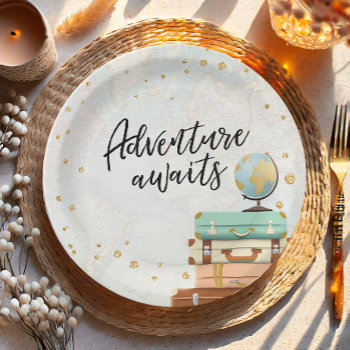 Adventure Awaits Travel Gold Confetti Baby Shower Paper Plates by Anietillustration at Zazzle